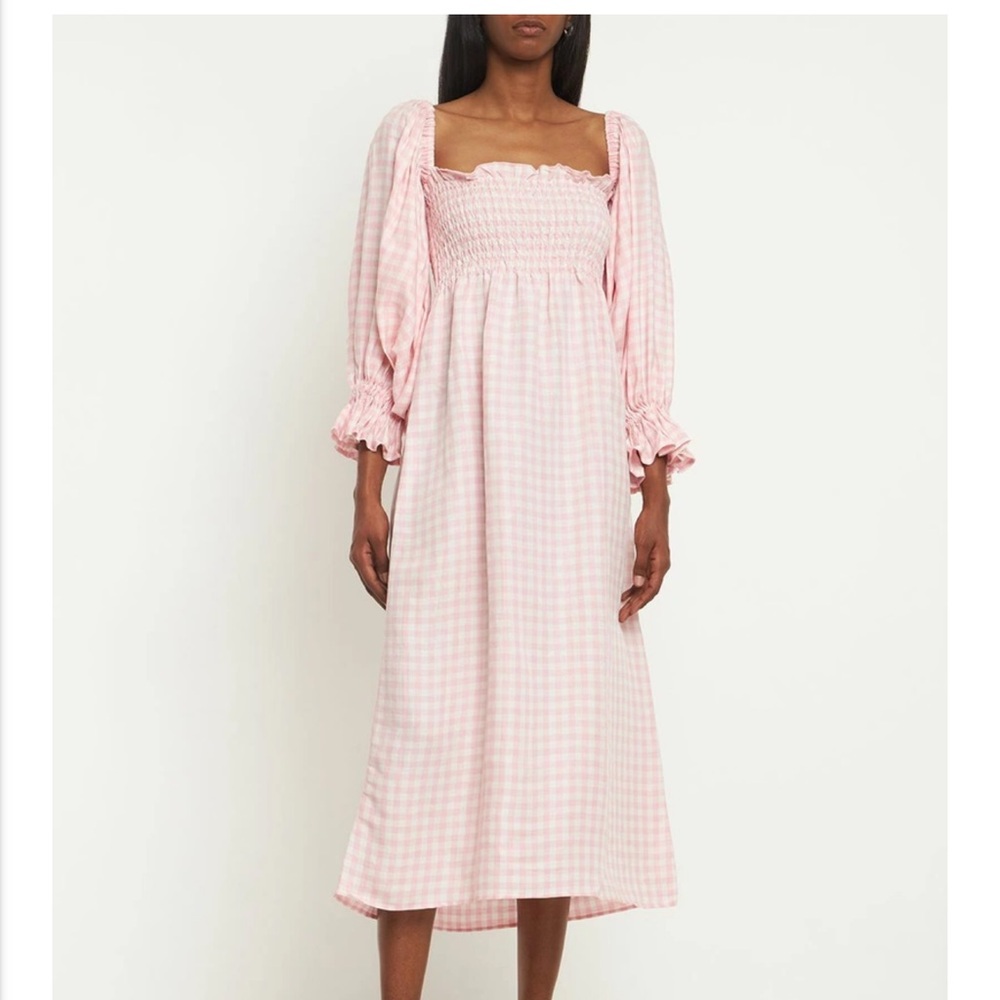 Sleeper Atlanta of the shoulder midi pink gingham dress